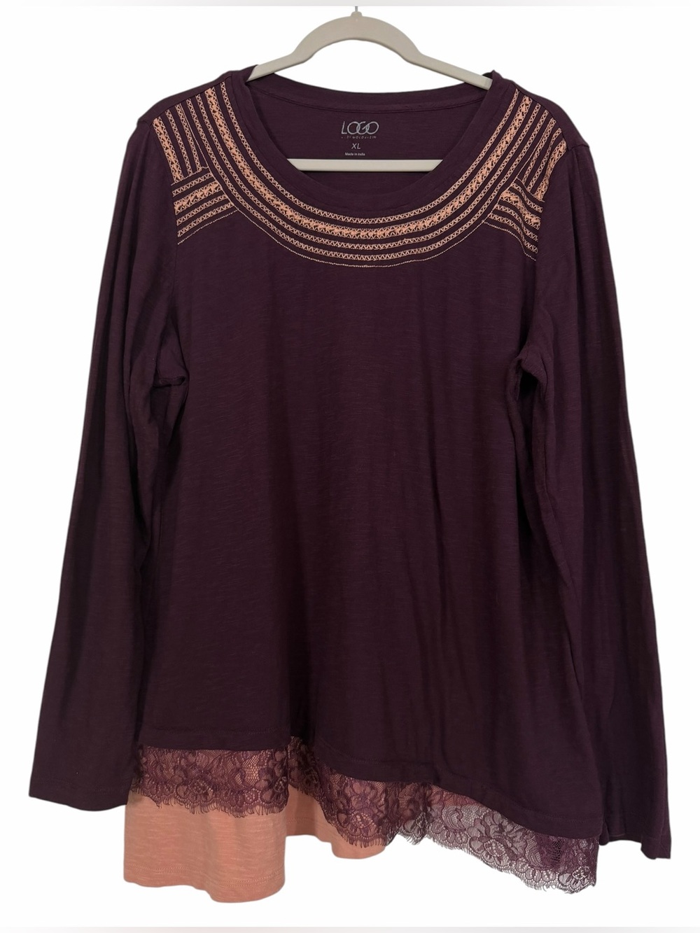 LOGO Lori Goldstein Slub Knit Long Sleeve Embroidered Lace Hem Top XL
